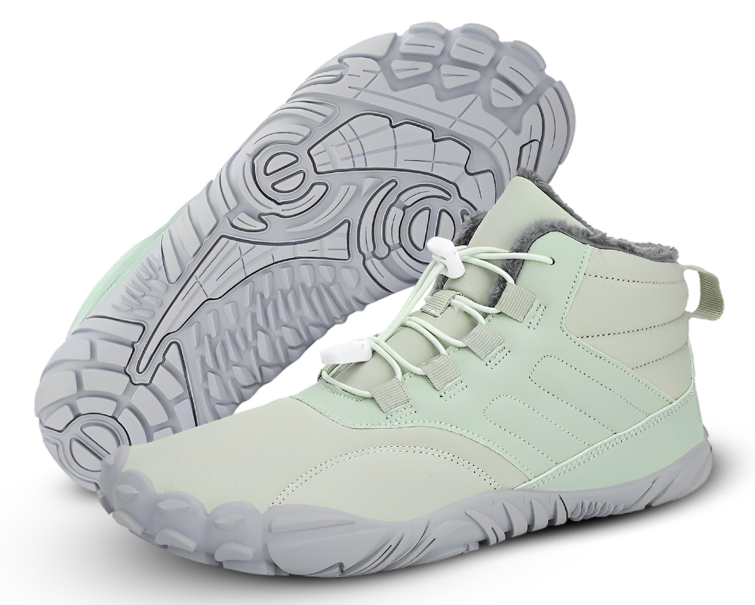 "Waterdichte ArcticBare Flex™ winter schoenen met antislip zool, ideale barefoot stijl in donkerblauwe en grijze tinten."