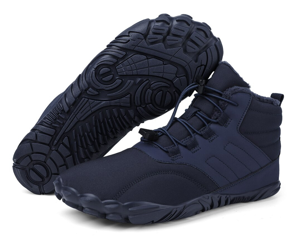 "Waterdichte ArcticBare Flex™ winter schoenen met antislip zool, ideale barefoot stijl in donkerblauwe en grijze tinten."