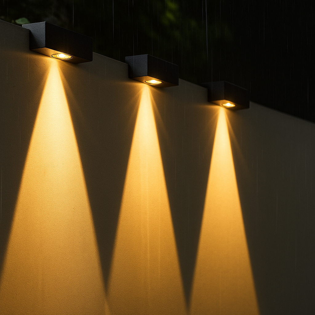 "Waterdichte LED tuinlamp op zonne-energie met dimbare modus, stijlvolle wandmontage voor buitengebruik."