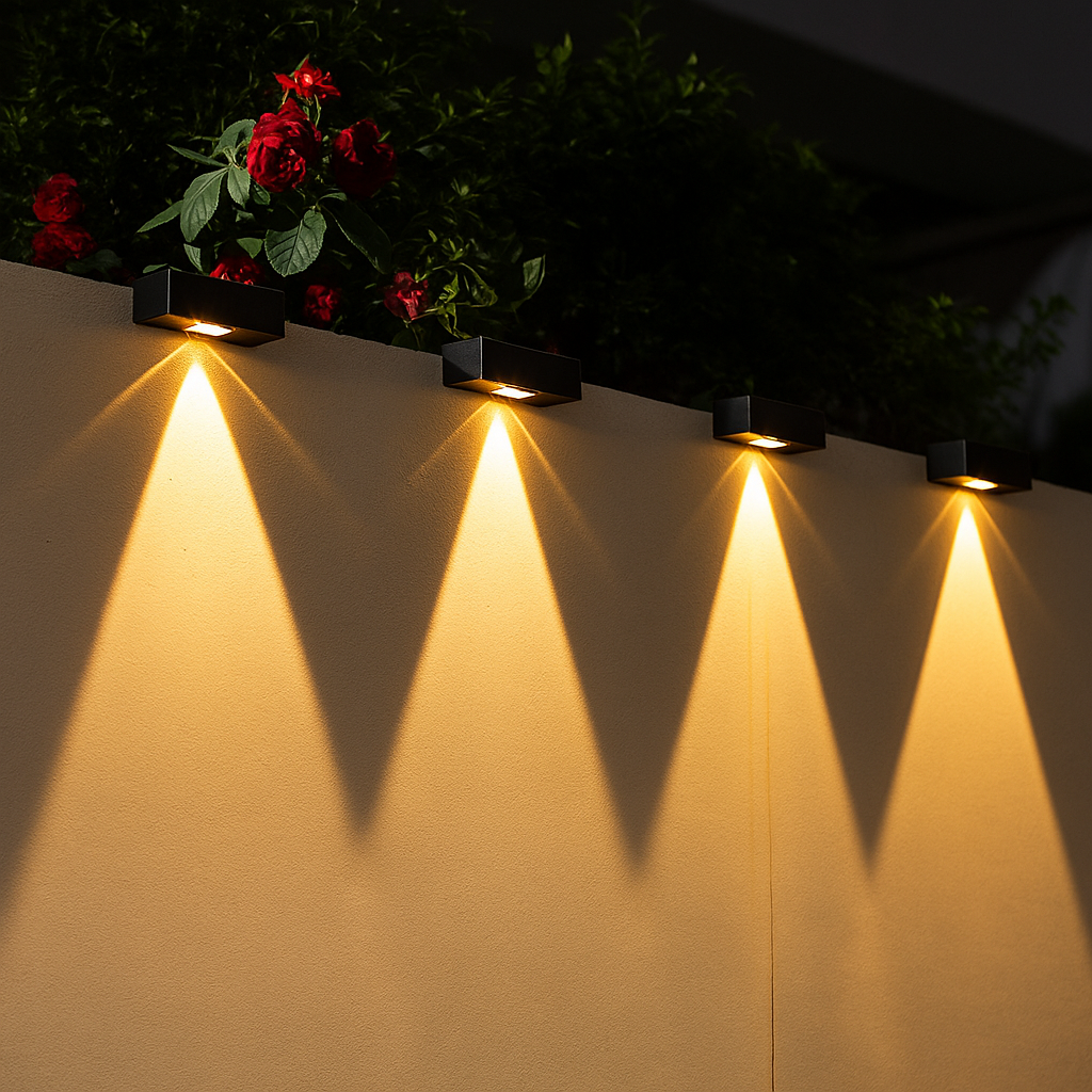 "Waterdichte LED tuinlamp op zonne-energie met dimbare modus, stijlvolle wandmontage voor buitengebruik."
