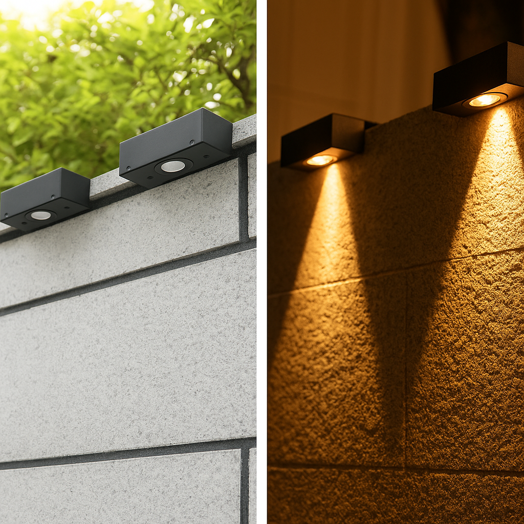 "Waterdichte LED tuinlamp op zonne-energie met dimbare modus, stijlvolle wandmontage voor buitengebruik."