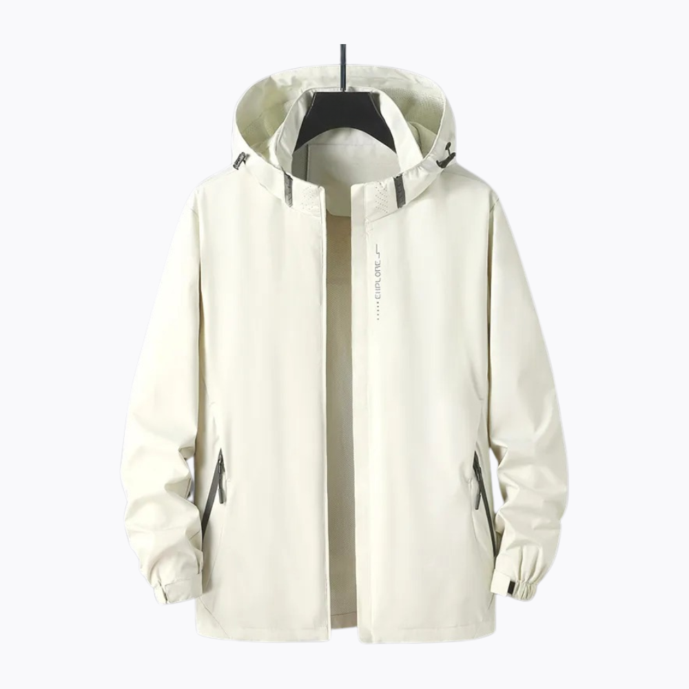 "Waterdichte lichtgewicht outdoor windbreaker heren, polyester met capuchon, ritsen en zakken, ideaal voor avonturen."