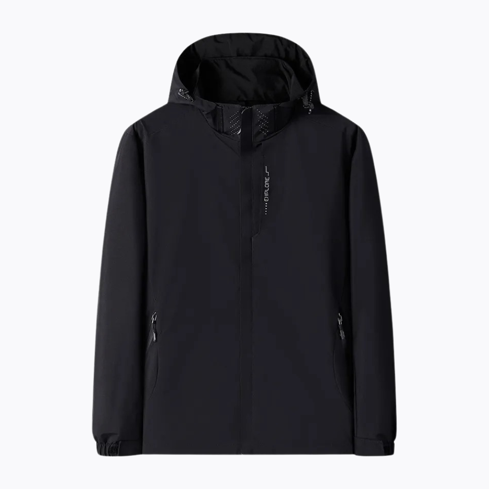 "Waterdichte lichtgewicht outdoor windbreaker heren, polyester met capuchon, ritsen en zakken, ideaal voor avonturen."