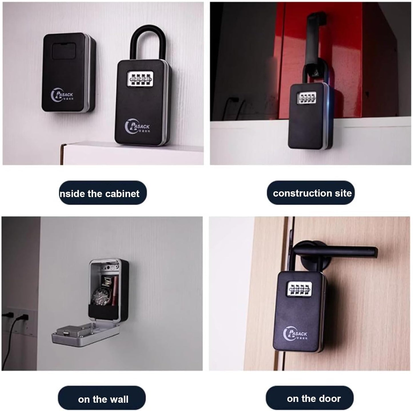"Weerbestendige key lock box voor buiten, robuust en instelbare code, biedt beveiliging voor meerdere sleutels."