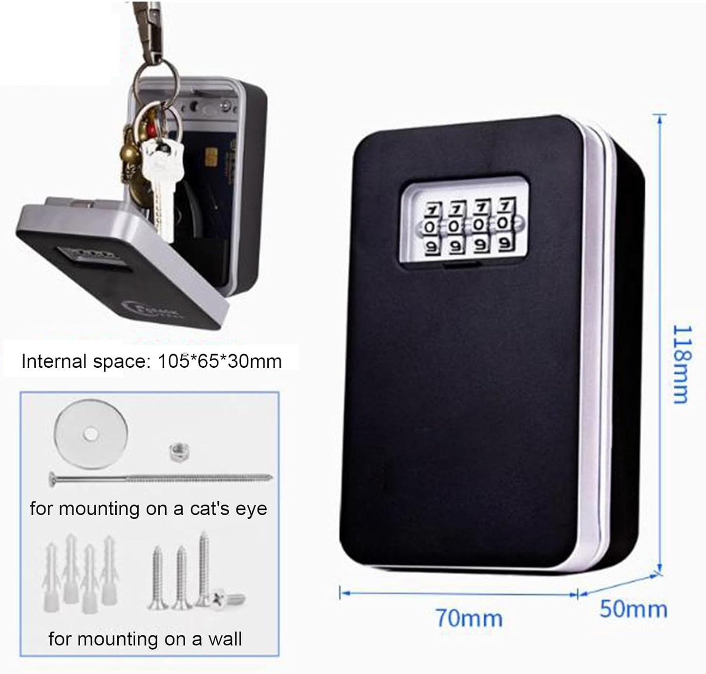 "Weerbestendige key lock box voor buiten, robuust en instelbare code, biedt beveiliging voor meerdere sleutels."