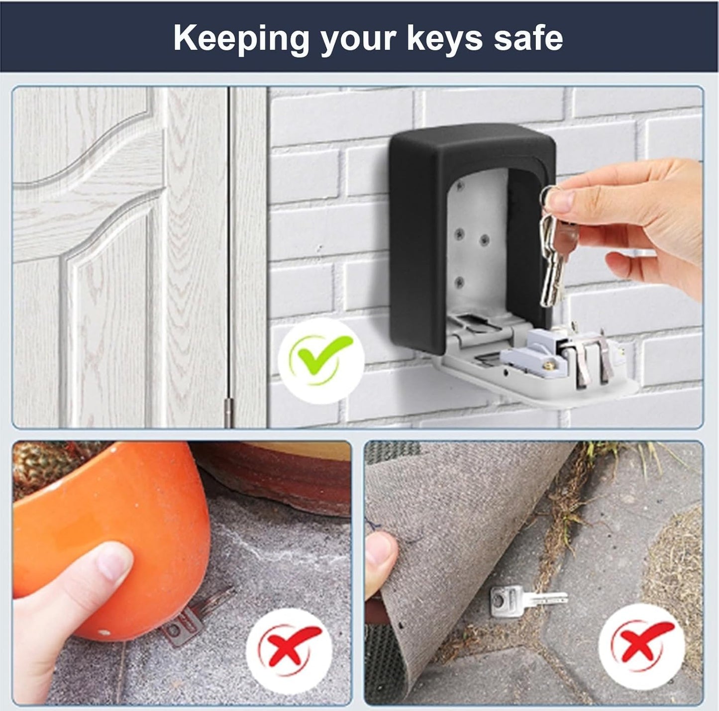 "Weerbestendige key lock box voor buiten, robuust en instelbare code, biedt beveiliging voor meerdere sleutels."