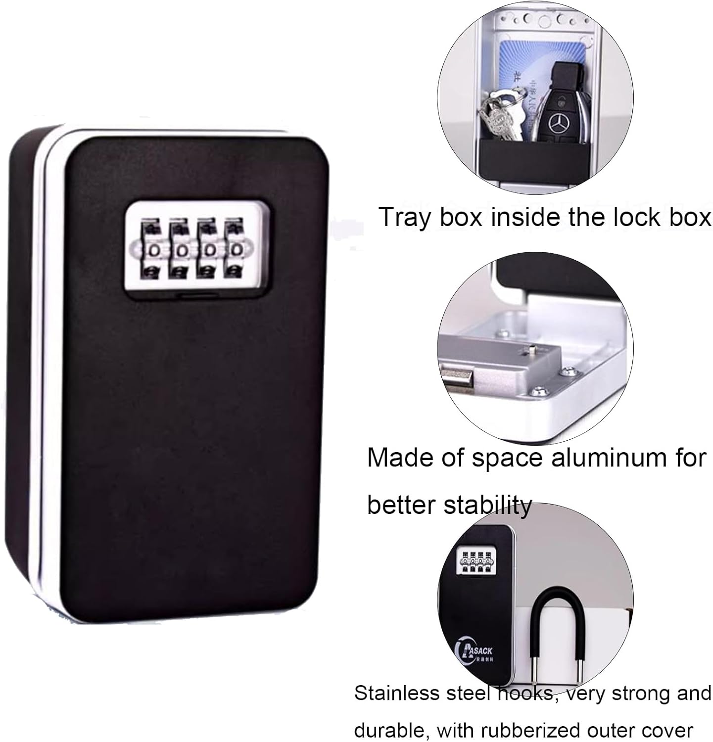 "Weerbestendige key lock box voor buiten, robuust en instelbare code, biedt beveiliging voor meerdere sleutels."