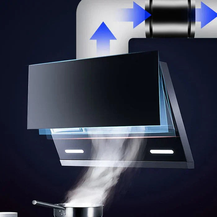 "WhisperFlow Ventilator zwart en wit, stille krachtige afzuiging voor keukens en kantoren, metalen omhulsel, energiezuinig."
