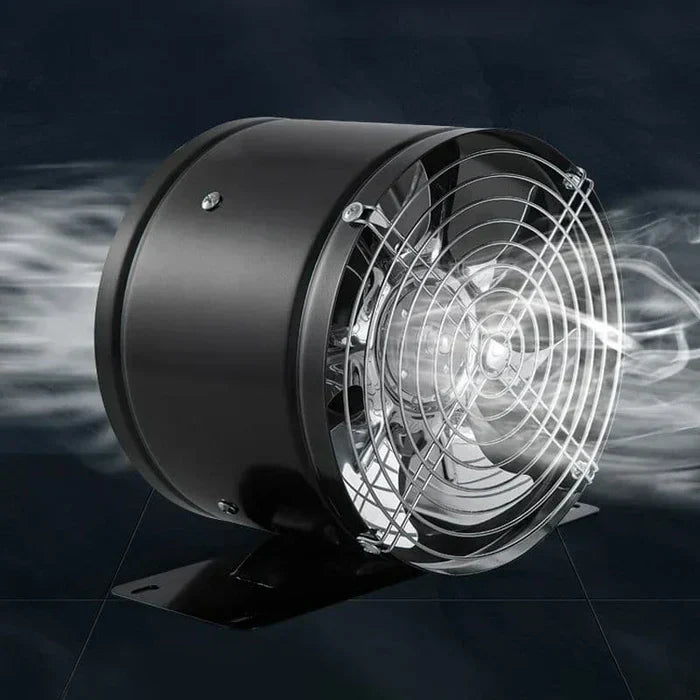 "WhisperFlow Ventilator zwart en wit, stille krachtige afzuiging voor keukens en kantoren, metalen omhulsel, energiezuinig."