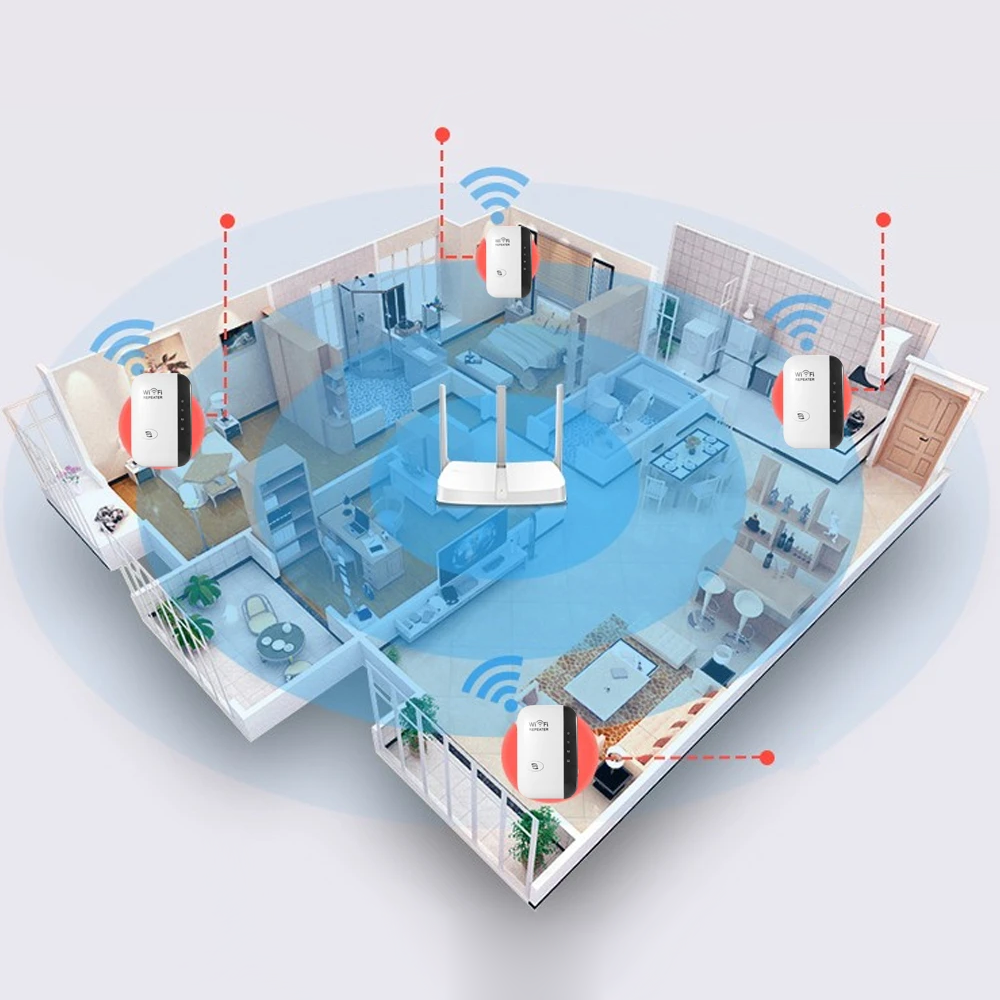 "Wit compacte draadloze WiFi-versterker voor snel, stabiel internet, ideaal voor thuisgebruik, platte rechthoekige vorm."