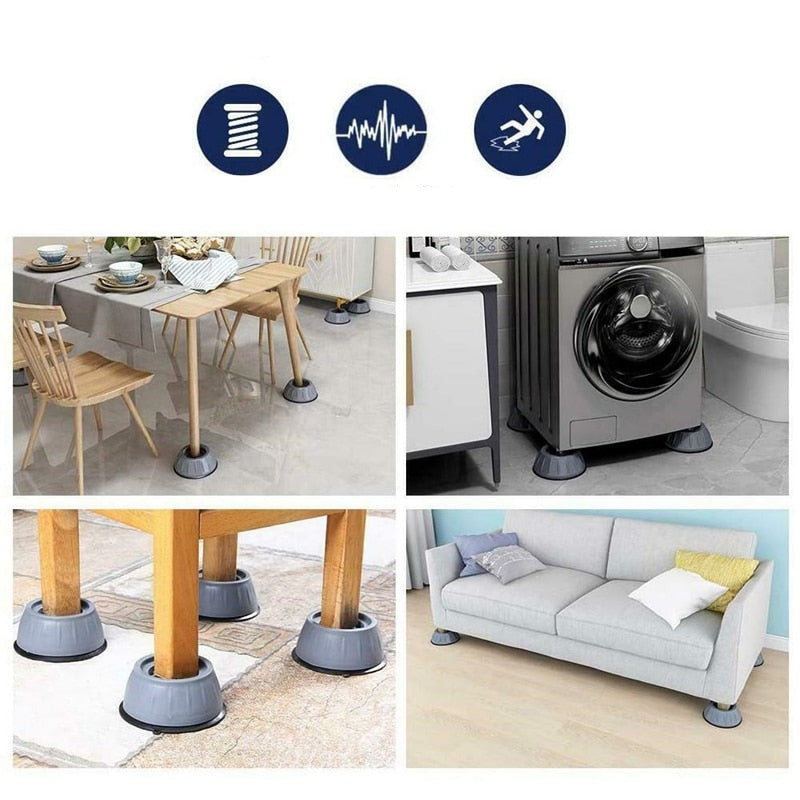 "Wit-grijze absorberende wasmachine pads, dempen geluid en trillingen, beschermen vloer, set van vier, eenvoudig te plaatsen.