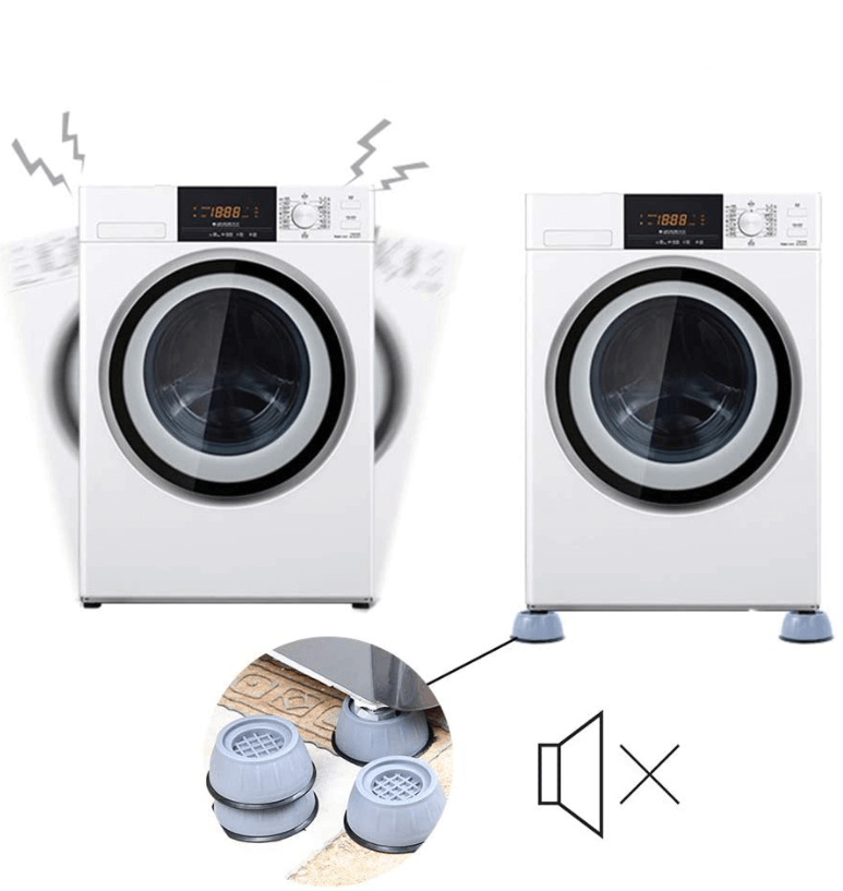 "Wit-grijze absorberende wasmachine pads, dempen geluid en trillingen, beschermen vloer, set van vier, eenvoudig te plaatsen.