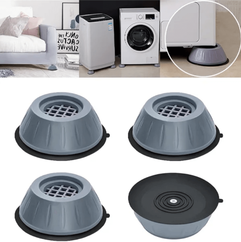 "Wit-grijze absorberende wasmachine pads, dempen geluid en trillingen, beschermen vloer, set van vier, eenvoudig te plaatsen.