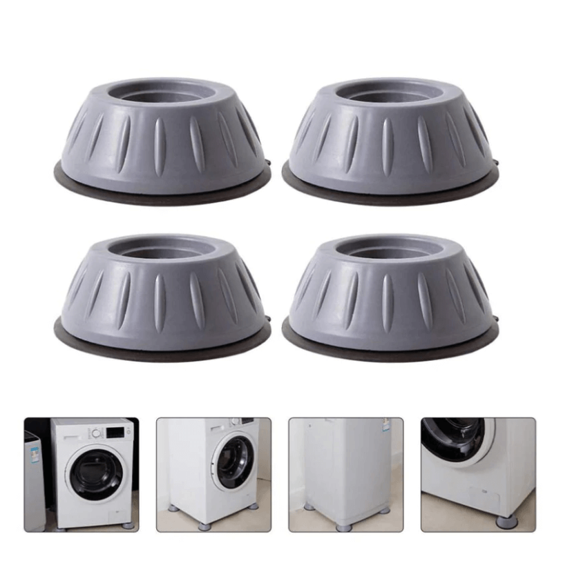 "Wit-grijze absorberende wasmachine pads, dempen geluid en trillingen, beschermen vloer, set van vier, eenvoudig te plaatsen.