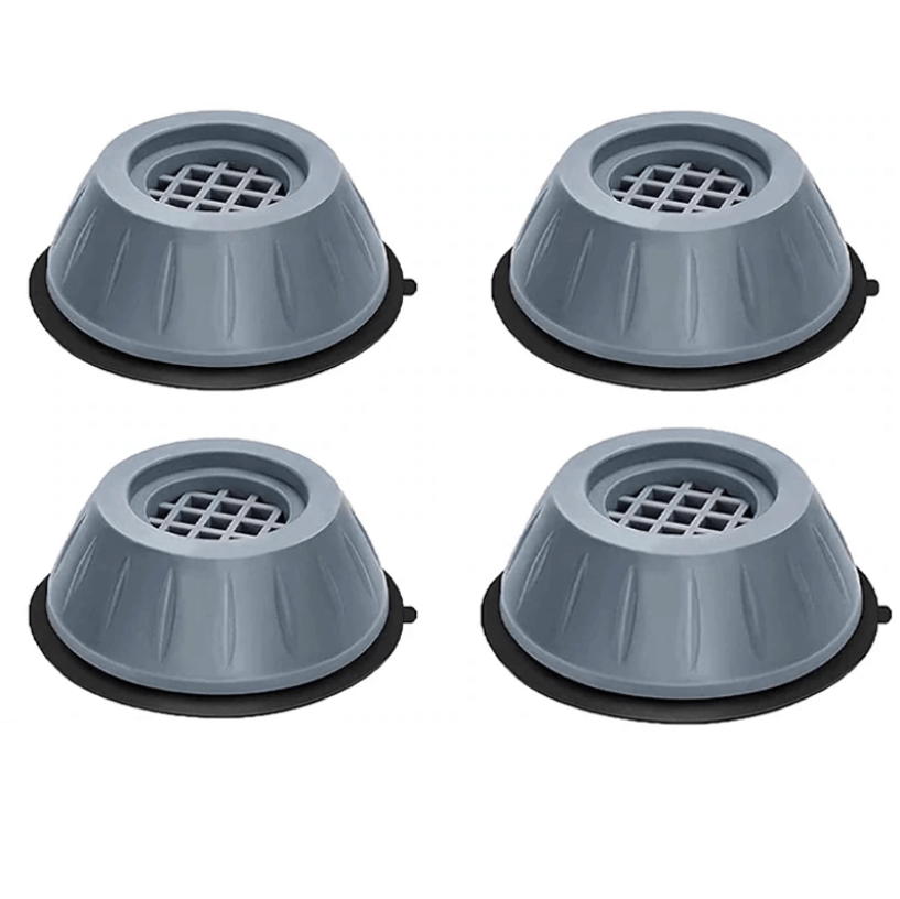 "Wit-grijze absorberende wasmachine pads, dempen geluid en trillingen, beschermen vloer, set van vier, eenvoudig te plaatsen.