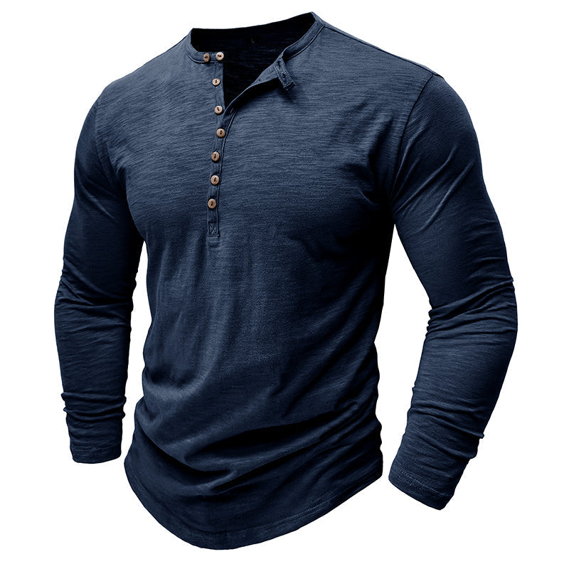 Zacht katoenen heren Henley shirt, lange mouw, casual look, ultrazachte stof, stijlvolle zeven knopen, flatterende pasvorm.