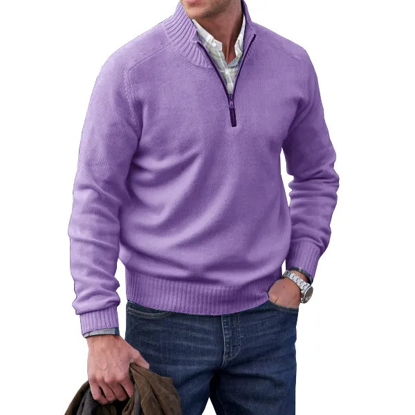 Zachte heren kasjmier trui met rits, slim fit, opstaande kraag, wit. Ideaal voor stijl en warmte in de winter.