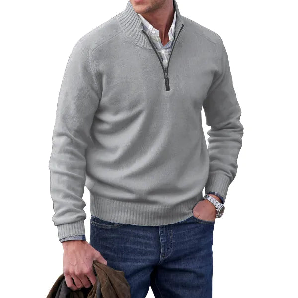 Zachte heren kasjmier trui met rits, slim fit, opstaande kraag, wit. Ideaal voor stijl en warmte in de winter.