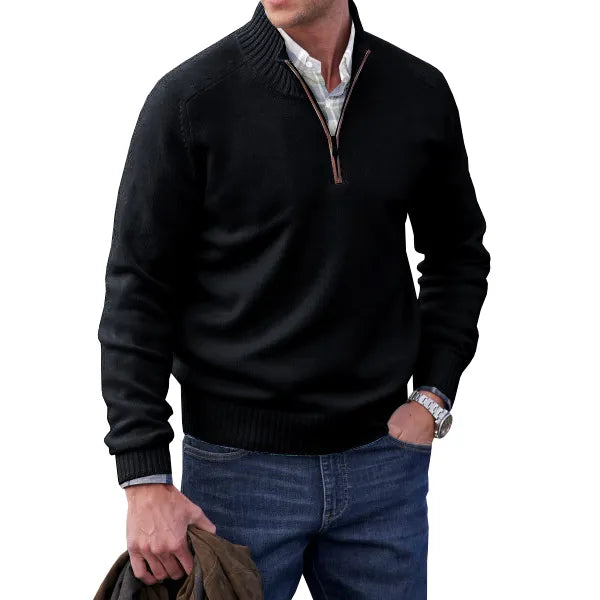 Zachte heren kasjmier trui met rits, slim fit, opstaande kraag, wit. Ideaal voor stijl en warmte in de winter.