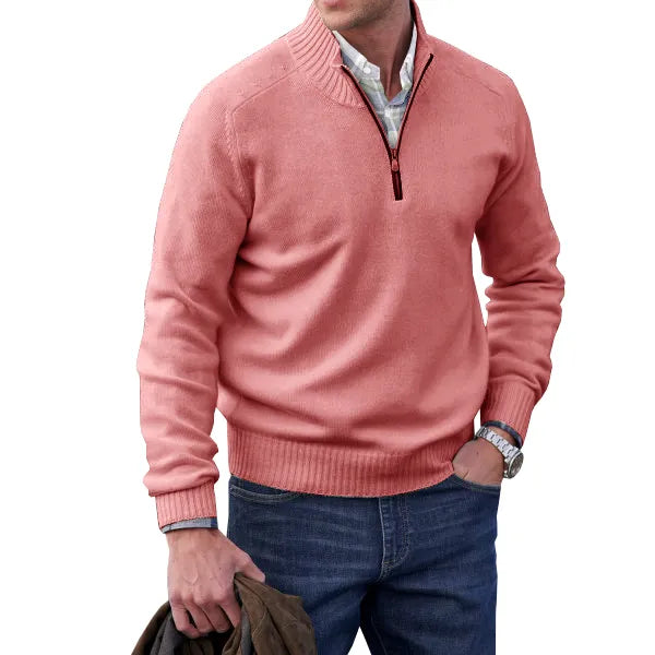 Zachte heren kasjmier trui met rits, slim fit, opstaande kraag, wit. Ideaal voor stijl en warmte in de winter.