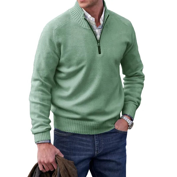 Zachte heren kasjmier trui met rits, slim fit, opstaande kraag, wit. Ideaal voor stijl en warmte in de winter.