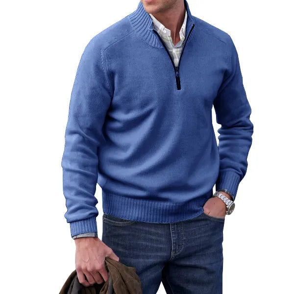 Zachte heren kasjmier trui met rits, slim fit, opstaande kraag, wit. Ideaal voor stijl en warmte in de winter.