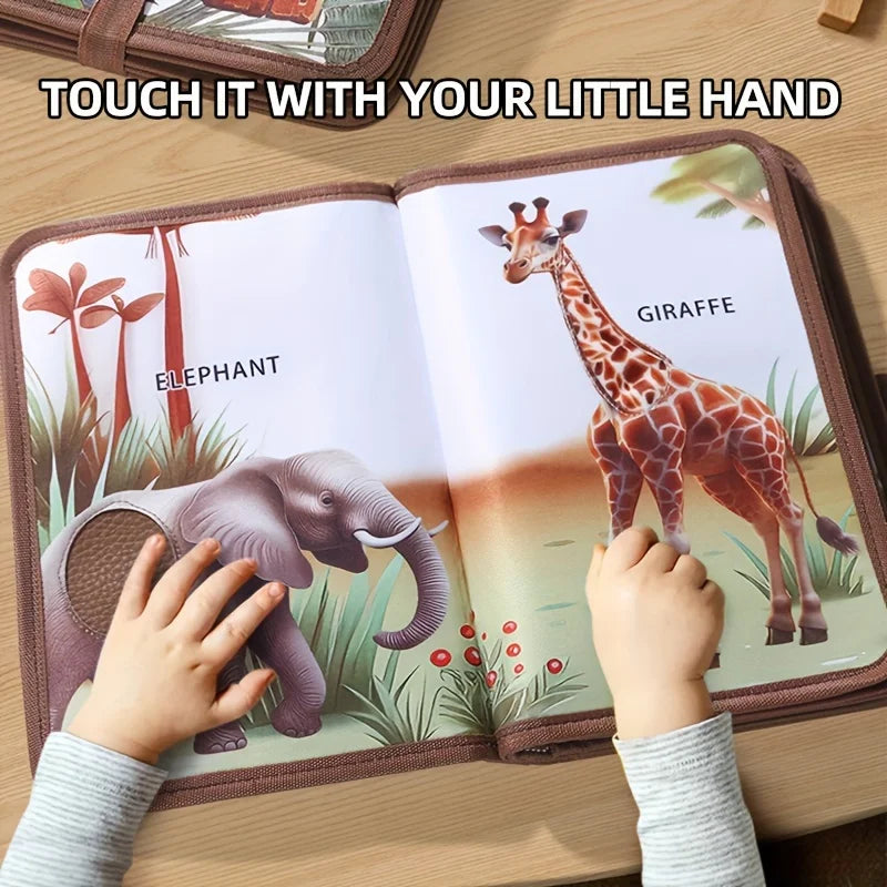 "Zintuigen boekje met kleurrijke dierenillustraties en voelbare texturen voor kinderen, bevordert leren en verbeeldingskracht
