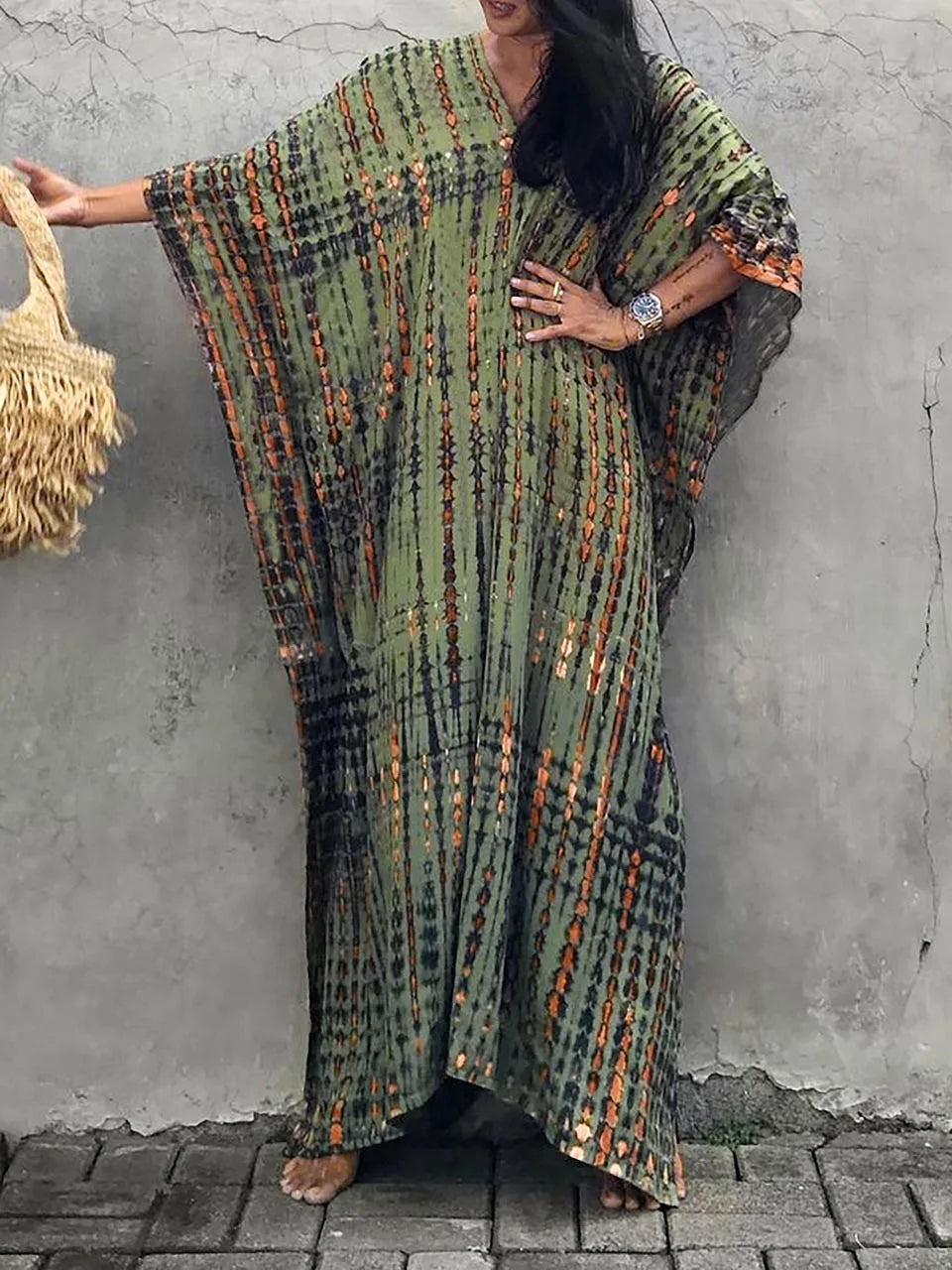 "Zomerse Janne kaftan maxi jurk voor dames, elegant design met exotische flair, ideaal voor zonnige dagen."