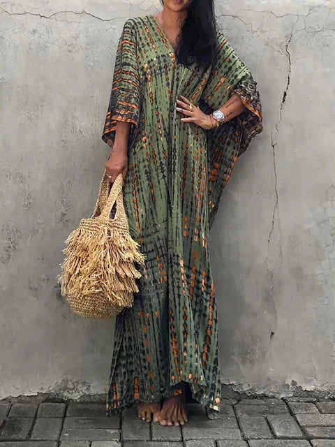 "Zomerse Janne kaftan maxi jurk voor dames, elegant design met exotische flair, ideaal voor zonnige dagen."