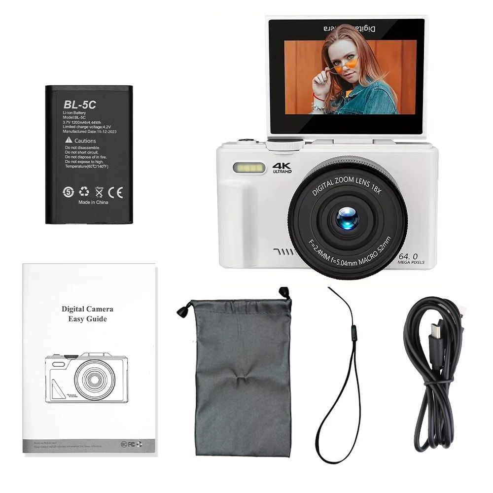 "ZoomPro 4K Vlog Camera met 18x zoom, 180° flip screen, WiFi; compact zwart design voor veelzijdige contentcreatie."