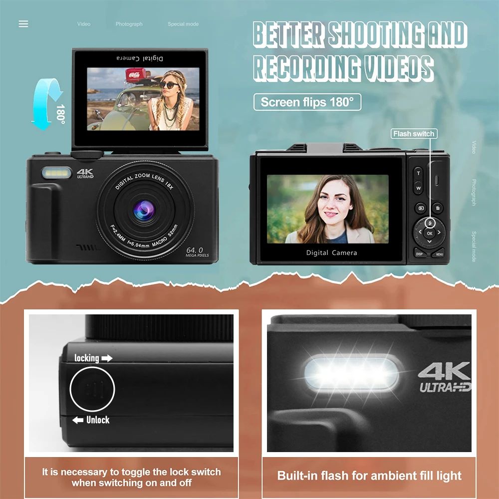 "ZoomPro 4K Vlog Camera met 18x zoom, 180° flip screen, WiFi; compact zwart design voor veelzijdige contentcreatie."