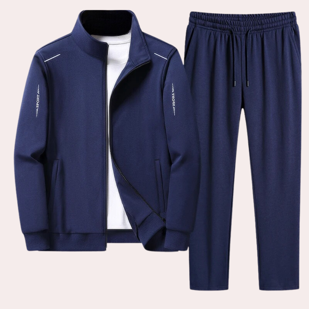 "Zwart heren trainingspak met jas, opstaande kraag en elastische tailleband voor ultiem comfort en stijlvol design."