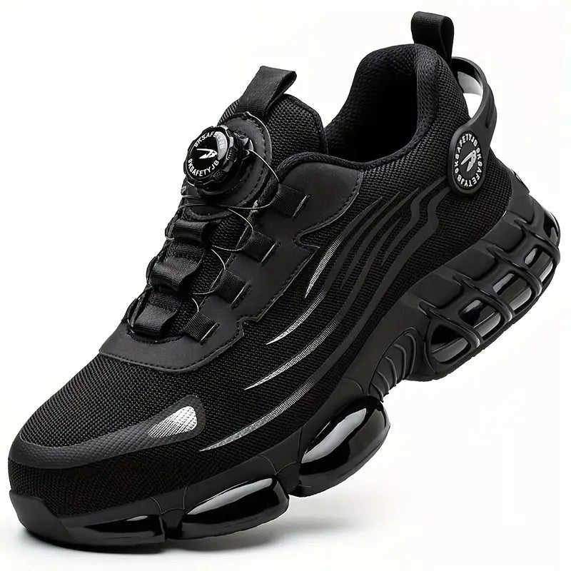 "Zwarte herenschoenen met stalen neus, antislipzool, ideaal voor outdoor; duurzaam en waterbestendig, stevige grip."