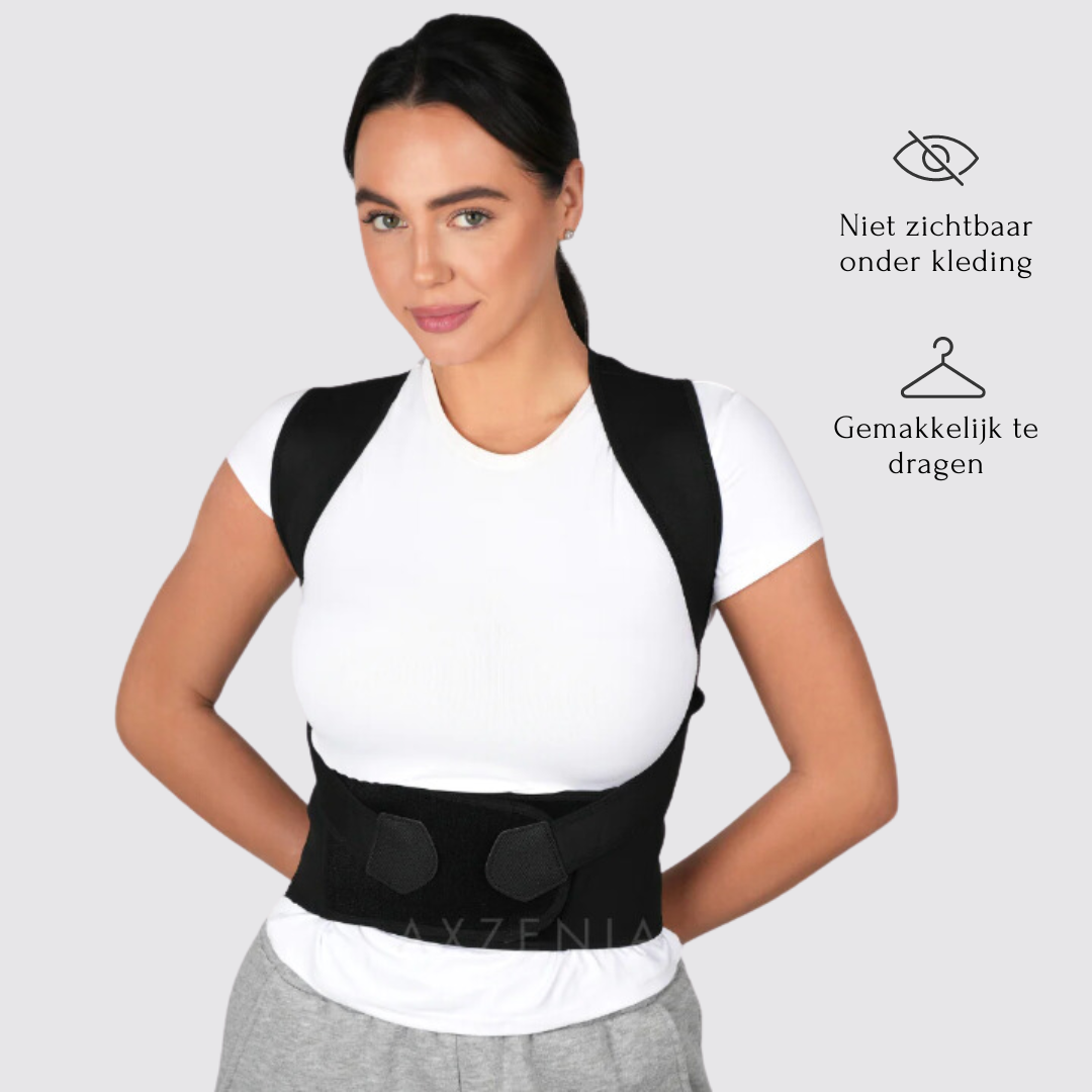 "Zwarte houdingstrainer voor rug en schouders, onzichtbaar onder kleding, geschikt voor vrouwen, bevordert comfort."