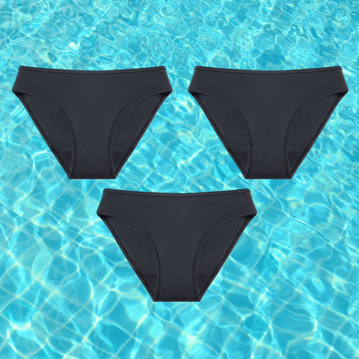 "Zwarte menstruatie bikinibroekje met lekbescherming, ideaal voor discreet en comfortabel zwemmen tijdens ongesteldheid."