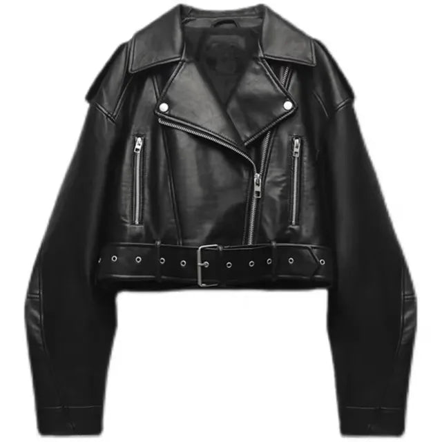 "Zwarte vintage cropped damesjas met riempje, retro flair, trendy design, gemaakt van duurzame materialen."