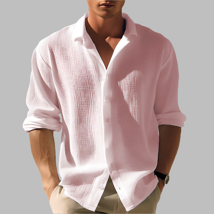 Veelzijdig effen herenoverhemd met staande kraag, geschikt voor strand, dagelijkse mode en casual lente-look.