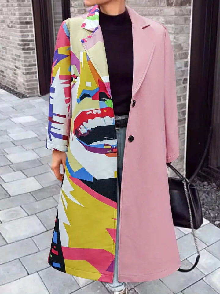 Iconische lange damesjas, stijlvolle winterjas. Losse pasvorm en modieuze print voor een elegante en comfortabele look.