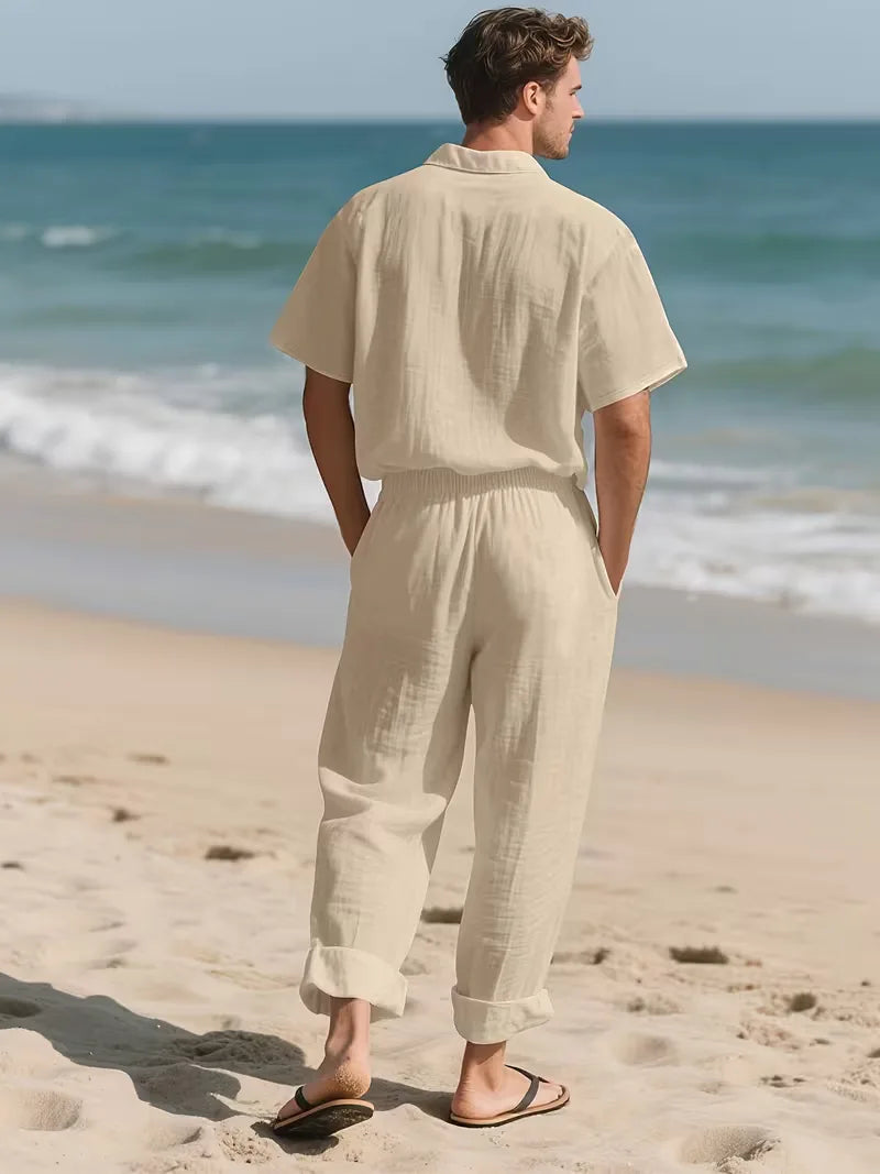 Casual heren zomerset: tweedelig V-hals shirt korte mouwen & broek rechte pijpen, perfect voor strand.