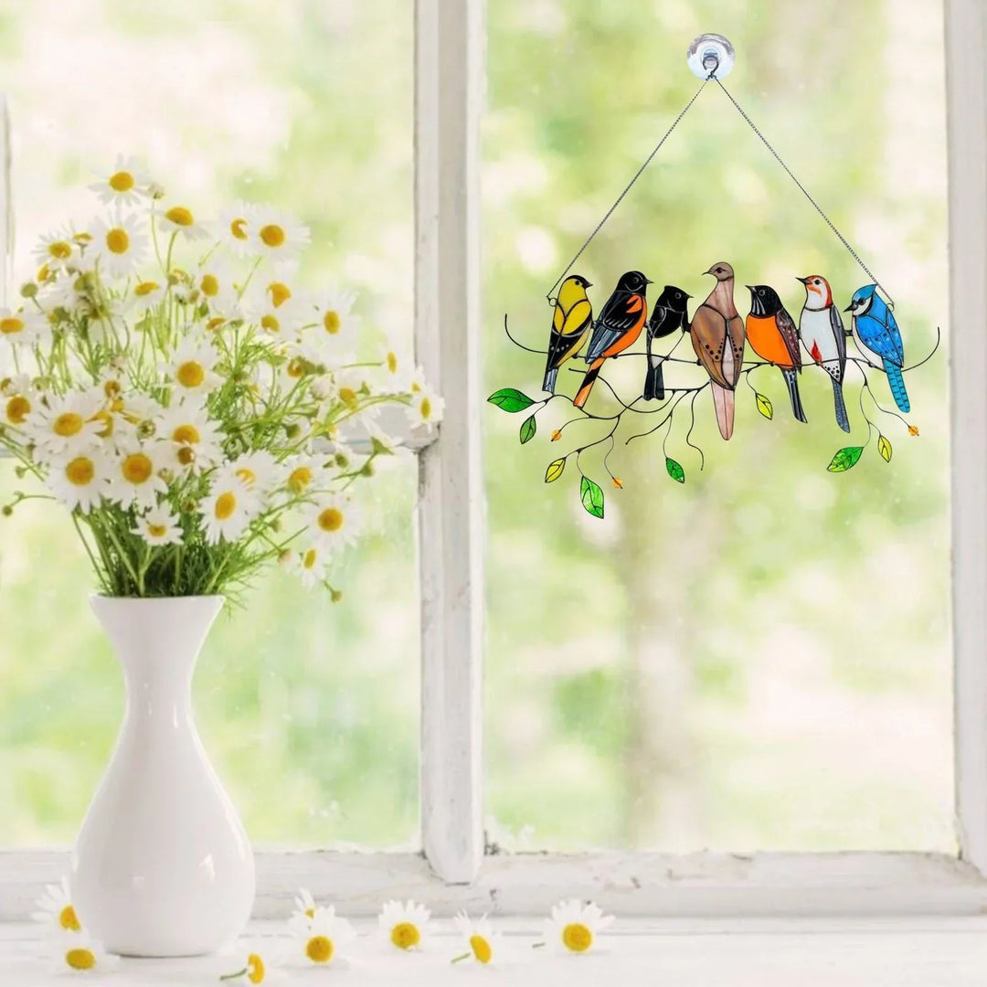 Artistieke vogel suncatcher van gebrandschilderd glas, prachtige huisdecoratie.