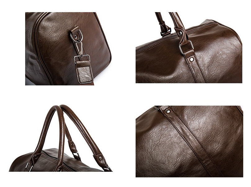 Robuuste zwarte leren weekendtas voor heren, ideaal voor casual uitjes en korte reizen.