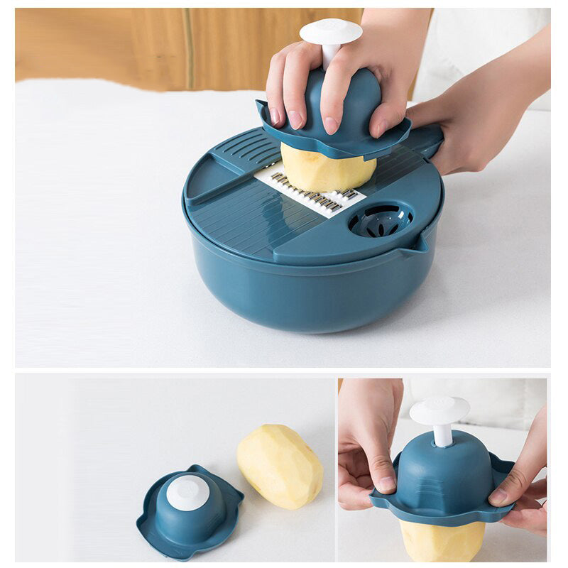 Multifunctionele rasp van de 12-in-1 keukensnijder set, ideaal voor kaas, groenten en fruit.