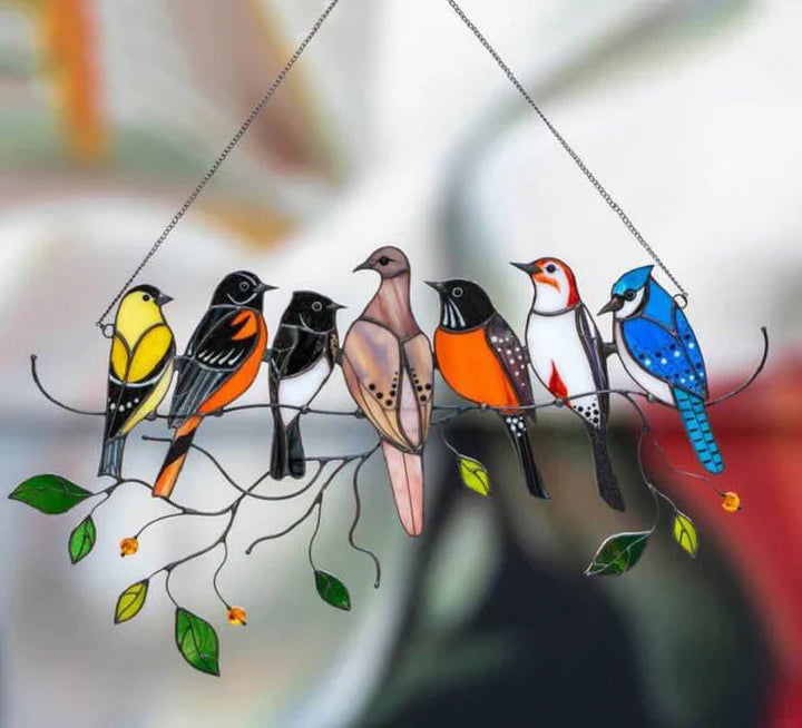 Handgemaakte gebrandschilderde glazen vogel, sfeervolle decoratie voor elk raam.