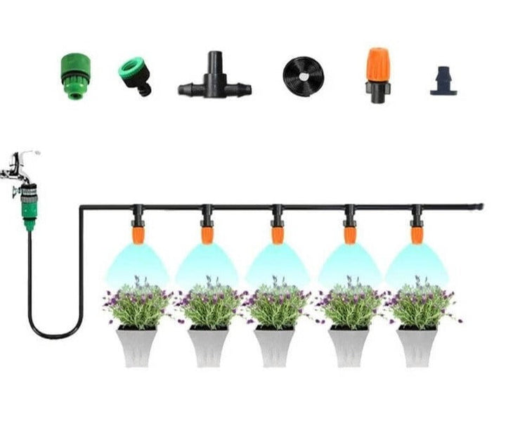 Druptuin irrigatiesysteem voor precieze watergift aan planten en bloemen, ideaal voor gemak in de tuin.