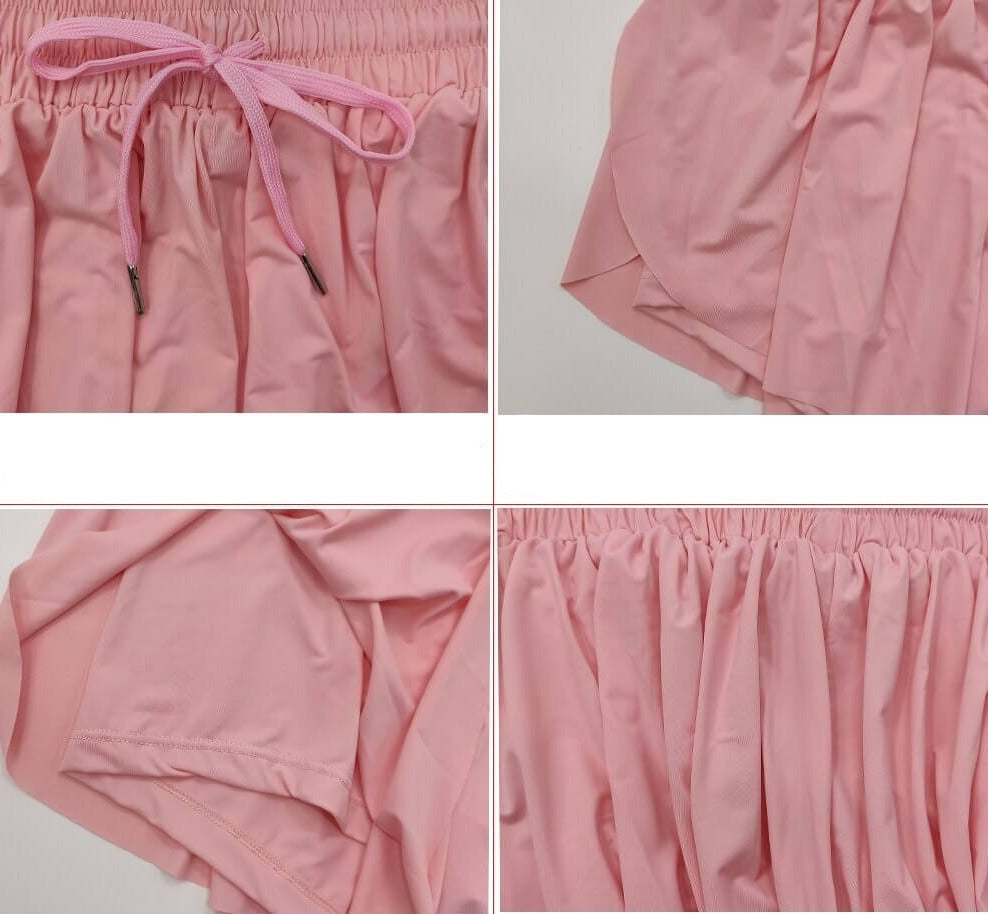 Dames hardloop shorts, 2-in-1 model met losse buitenlaag en aansluitende binnenbroek.