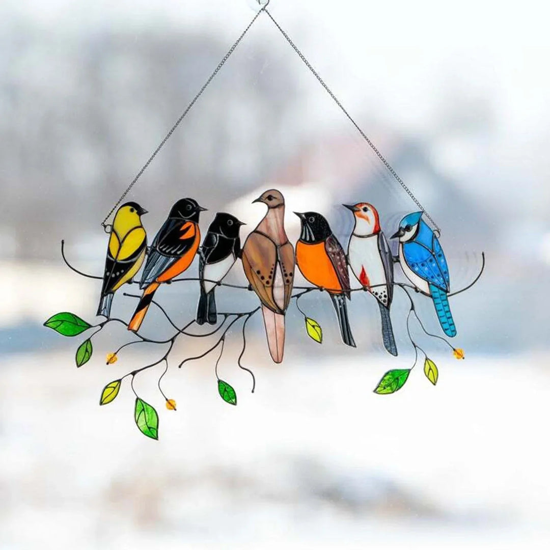 Kleurrijke gebrandschilderde glas vogel suncatcher, unieke raamdecoratie.