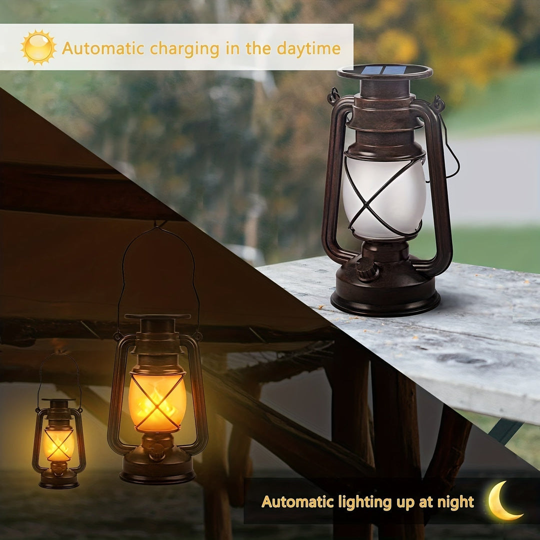 Vintage look solar tuinverlichting set van 2. Energiezuinige buitenlampen met dansende vlam effect voor patio.