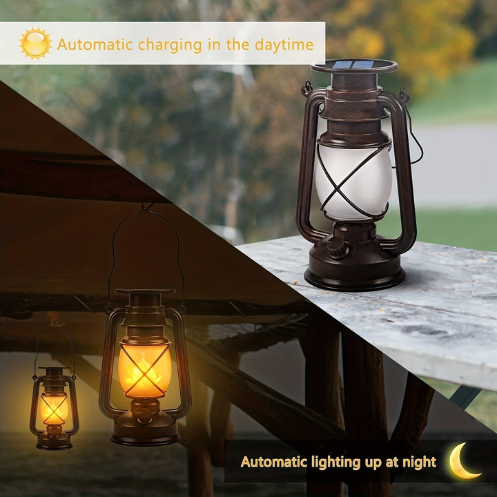 Vintage look solar tuinverlichting set van 2. Energiezuinige buitenlampen met dansende vlam effect voor patio.