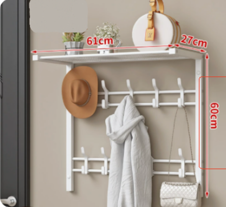 Lichtgele 3-in-1 wandgarderobe met een plank, haken en kledingstang, perfect voor een frisse entree.