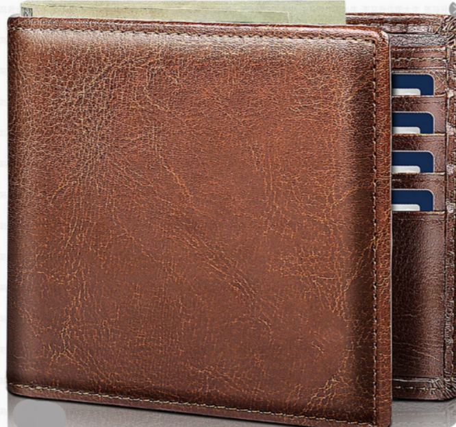 Detailopname van een stijlvolle leren heren portemonnee. Compact bifold model met RFID-veiligheid.